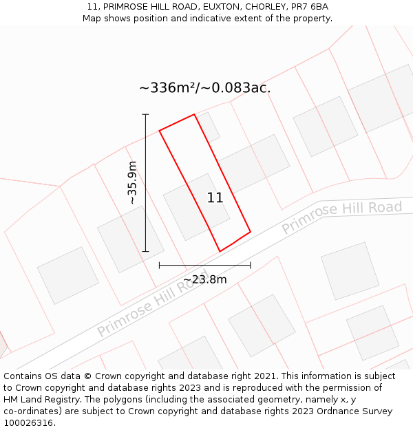 11, PRIMROSE HILL ROAD, EUXTON, CHORLEY, PR7 6BA: Plot and title map