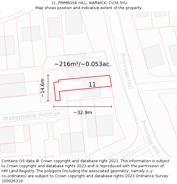 11, PRIMROSE HILL, WARWICK, CV34 5YU: Plot and title map