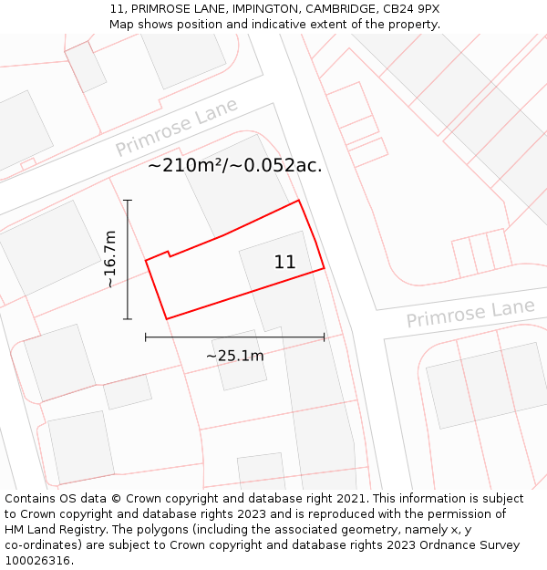 11, PRIMROSE LANE, IMPINGTON, CAMBRIDGE, CB24 9PX: Plot and title map