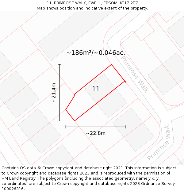 11, PRIMROSE WALK, EWELL, EPSOM, KT17 2EZ: Plot and title map