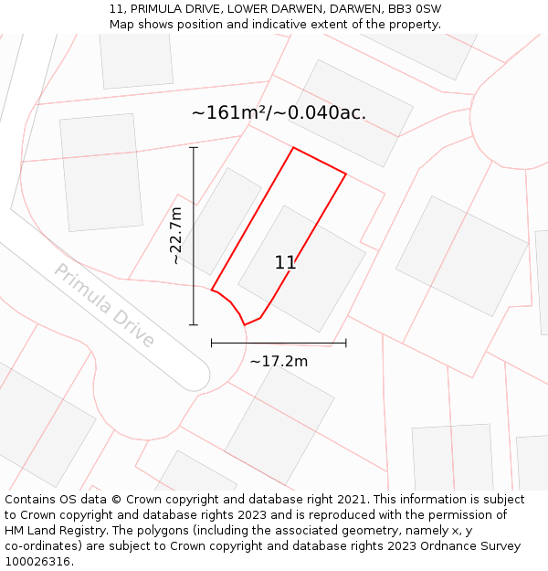 11, PRIMULA DRIVE, LOWER DARWEN, DARWEN, BB3 0SW: Plot and title map