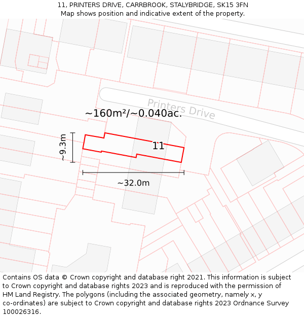 11, PRINTERS DRIVE, CARRBROOK, STALYBRIDGE, SK15 3FN: Plot and title map