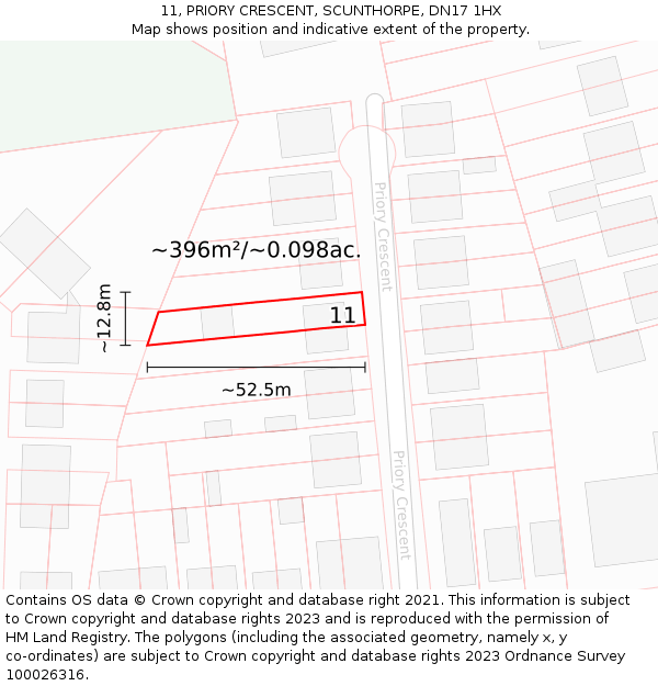 11, PRIORY CRESCENT, SCUNTHORPE, DN17 1HX: Plot and title map
