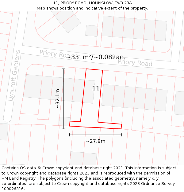 11, PRIORY ROAD, HOUNSLOW, TW3 2RA: Plot and title map