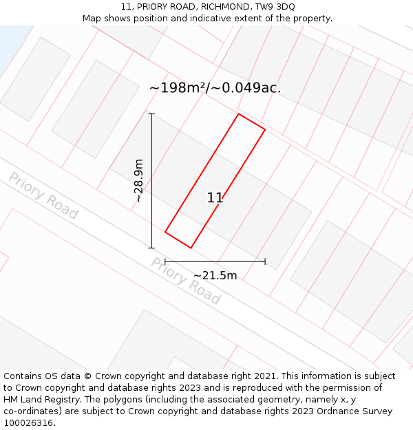 11, PRIORY ROAD, RICHMOND, TW9 3DQ: Plot and title map