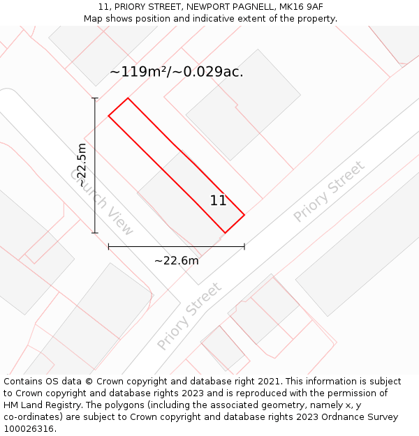11, PRIORY STREET, NEWPORT PAGNELL, MK16 9AF: Plot and title map