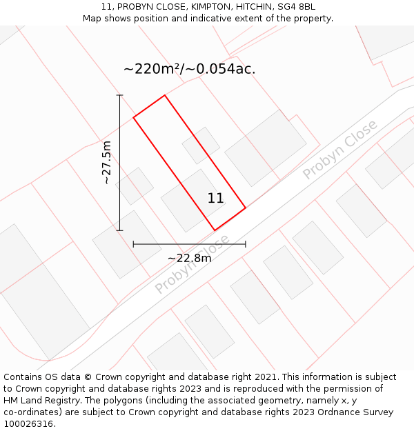 11, PROBYN CLOSE, KIMPTON, HITCHIN, SG4 8BL: Plot and title map