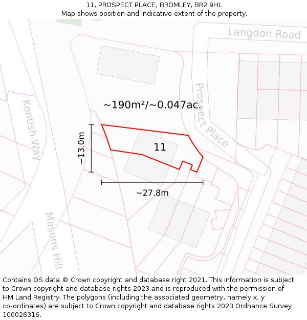 11, PROSPECT PLACE, BROMLEY, BR2 9HL: Plot and title map