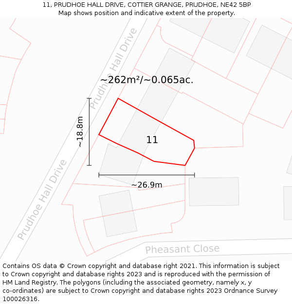 11, PRUDHOE HALL DRIVE, COTTIER GRANGE, PRUDHOE, NE42 5BP: Plot and title map
