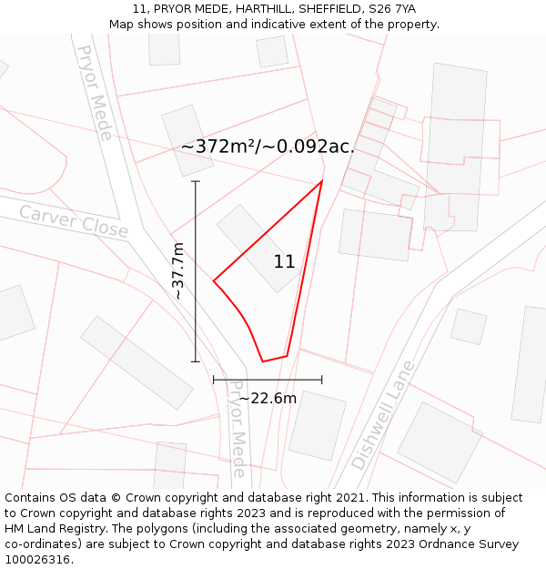 11, PRYOR MEDE, HARTHILL, SHEFFIELD, S26 7YA: Plot and title map
