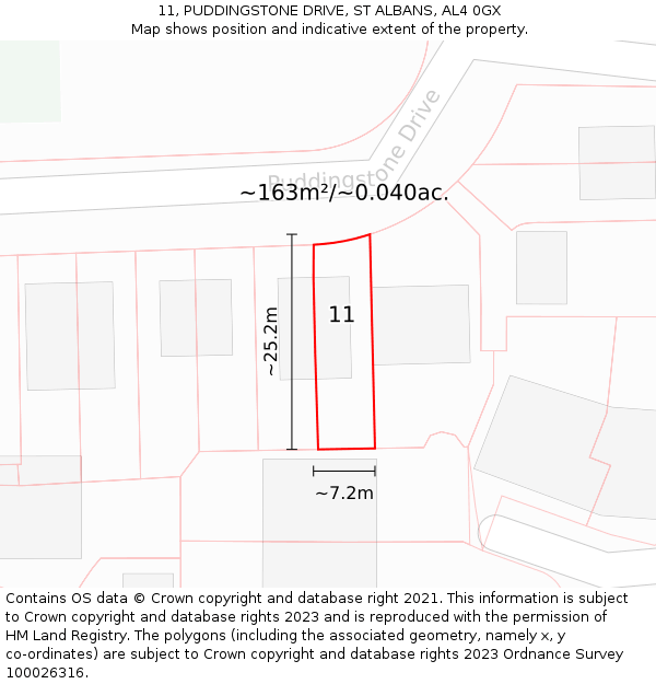 11, PUDDINGSTONE DRIVE, ST ALBANS, AL4 0GX: Plot and title map