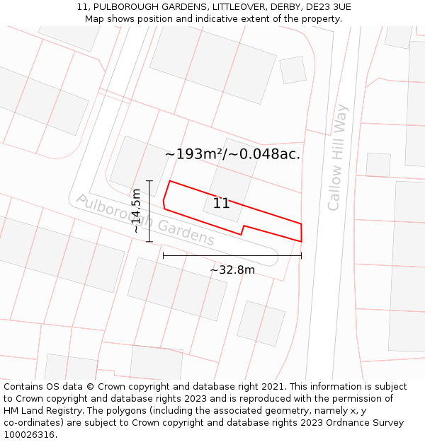 11, PULBOROUGH GARDENS, LITTLEOVER, DERBY, DE23 3UE: Plot and title map