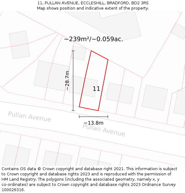 11, PULLAN AVENUE, ECCLESHILL, BRADFORD, BD2 3RS: Plot and title map