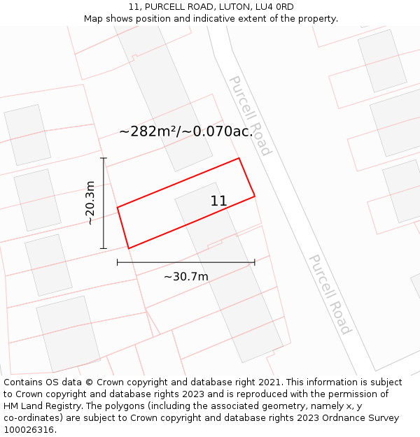 11, PURCELL ROAD, LUTON, LU4 0RD: Plot and title map