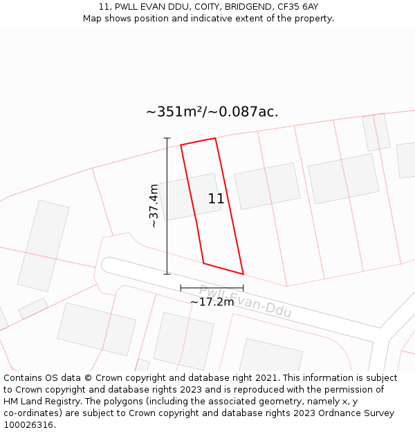 11, PWLL EVAN DDU, COITY, BRIDGEND, CF35 6AY: Plot and title map