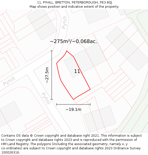 11, PYHILL, BRETTON, PETERBOROUGH, PE3 8QJ: Plot and title map