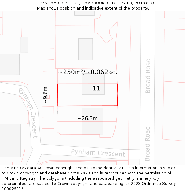 11, PYNHAM CRESCENT, HAMBROOK, CHICHESTER, PO18 8FQ: Plot and title map