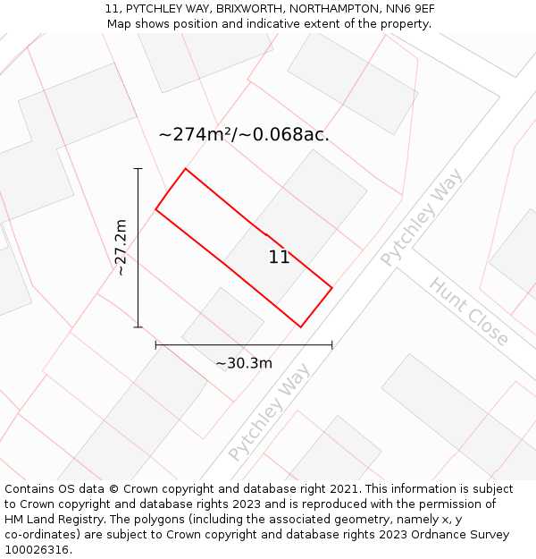 11, PYTCHLEY WAY, BRIXWORTH, NORTHAMPTON, NN6 9EF: Plot and title map