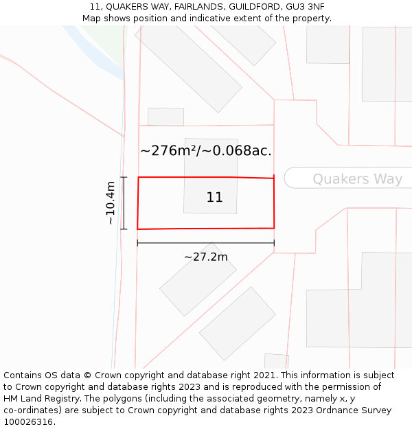 11, QUAKERS WAY, FAIRLANDS, GUILDFORD, GU3 3NF: Plot and title map