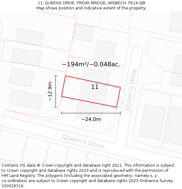 11, QUEENS DRIVE, FRIDAY BRIDGE, WISBECH, PE14 0JB: Plot and title map