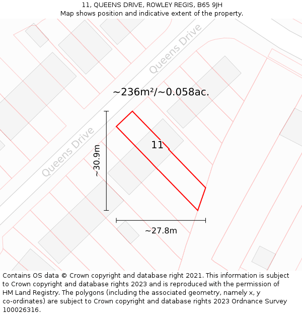 11, QUEENS DRIVE, ROWLEY REGIS, B65 9JH: Plot and title map
