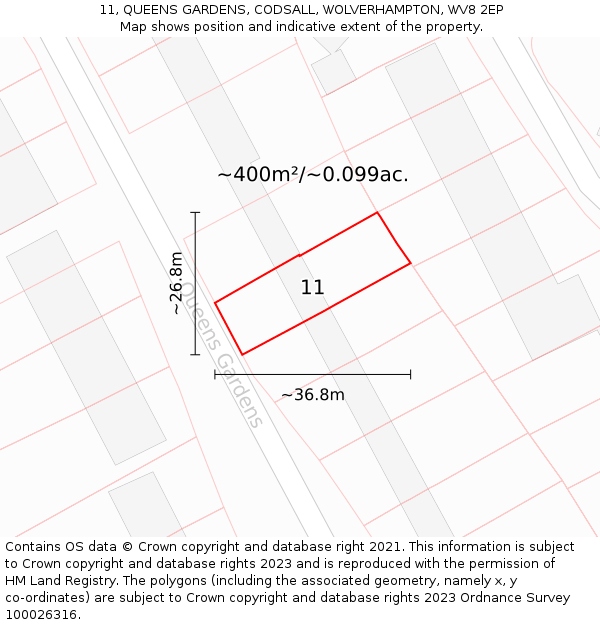 11, QUEENS GARDENS, CODSALL, WOLVERHAMPTON, WV8 2EP: Plot and title map