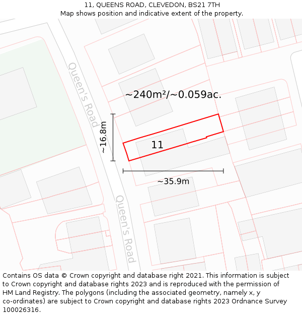11, QUEENS ROAD, CLEVEDON, BS21 7TH: Plot and title map