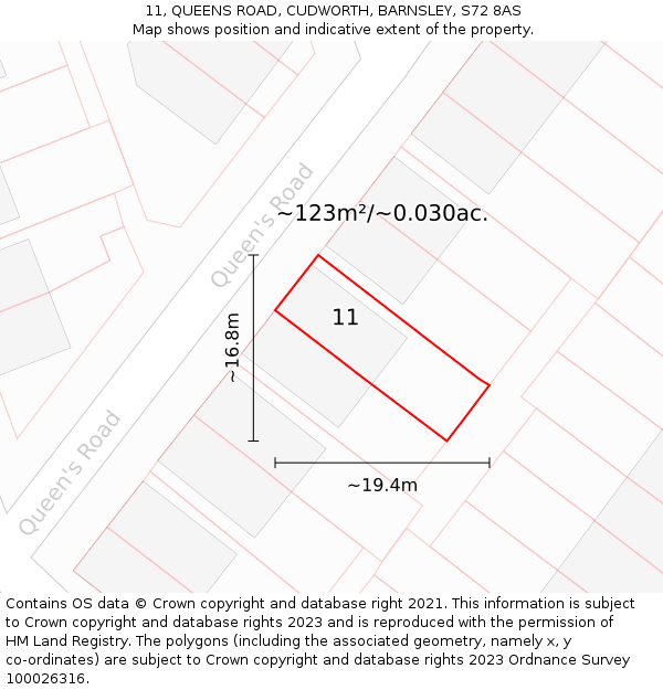 11, QUEENS ROAD, CUDWORTH, BARNSLEY, S72 8AS: Plot and title map