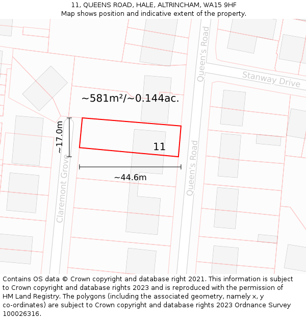 11, QUEENS ROAD, HALE, ALTRINCHAM, WA15 9HF: Plot and title map