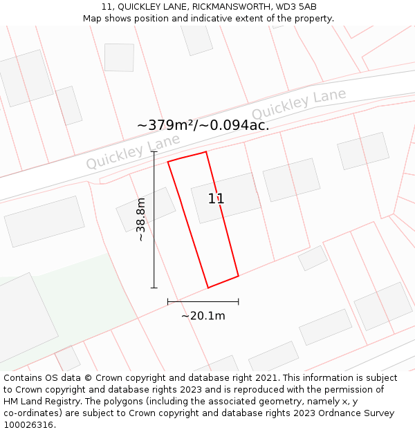 11, QUICKLEY LANE, RICKMANSWORTH, WD3 5AB: Plot and title map
