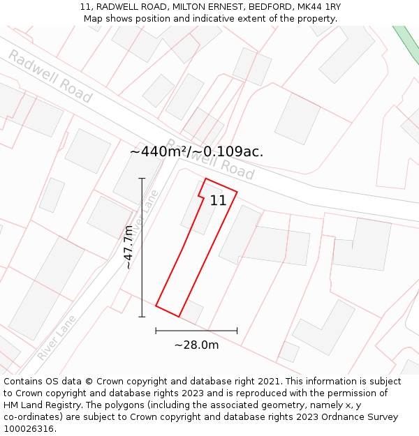 11, RADWELL ROAD, MILTON ERNEST, BEDFORD, MK44 1RY: Plot and title map