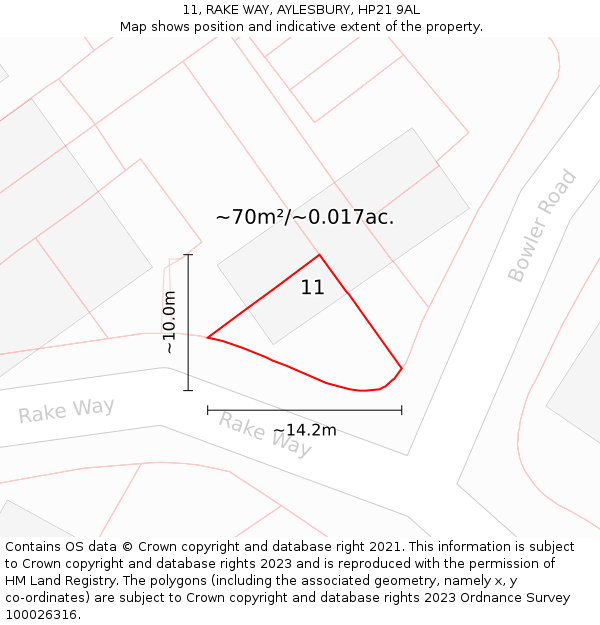 11, RAKE WAY, AYLESBURY, HP21 9AL: Plot and title map