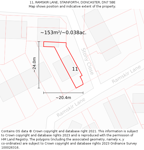 11, RAMSKIR LANE, STAINFORTH, DONCASTER, DN7 5BE: Plot and title map