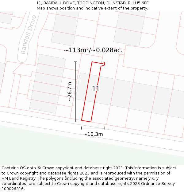 11, RANDALL DRIVE, TODDINGTON, DUNSTABLE, LU5 6FE: Plot and title map