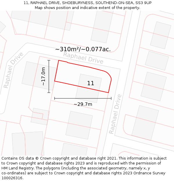 11, RAPHAEL DRIVE, SHOEBURYNESS, SOUTHEND-ON-SEA, SS3 9UP: Plot and title map