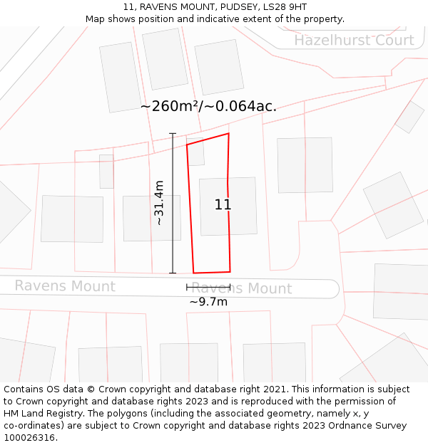 11, RAVENS MOUNT, PUDSEY, LS28 9HT: Plot and title map