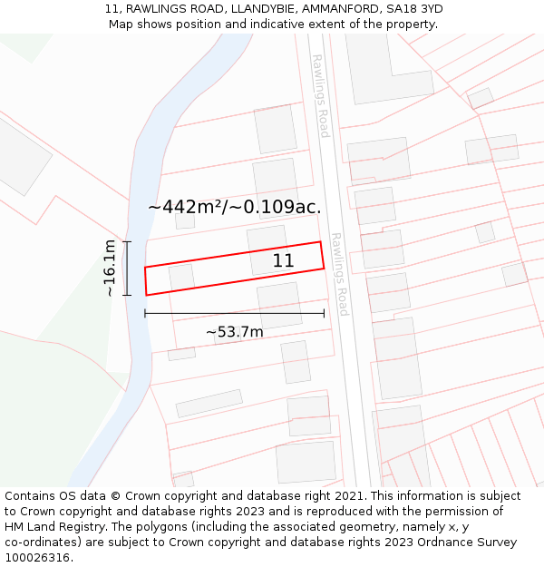 11, RAWLINGS ROAD, LLANDYBIE, AMMANFORD, SA18 3YD: Plot and title map