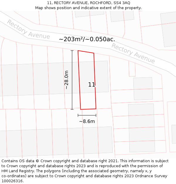 11, RECTORY AVENUE, ROCHFORD, SS4 3AQ: Plot and title map