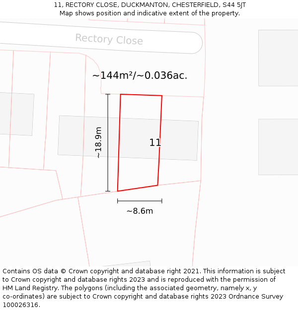 11, RECTORY CLOSE, DUCKMANTON, CHESTERFIELD, S44 5JT: Plot and title map