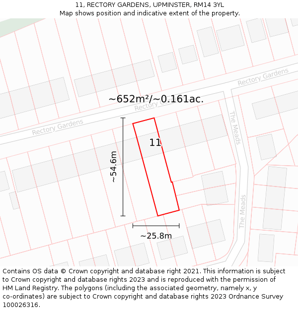 11, RECTORY GARDENS, UPMINSTER, RM14 3YL: Plot and title map