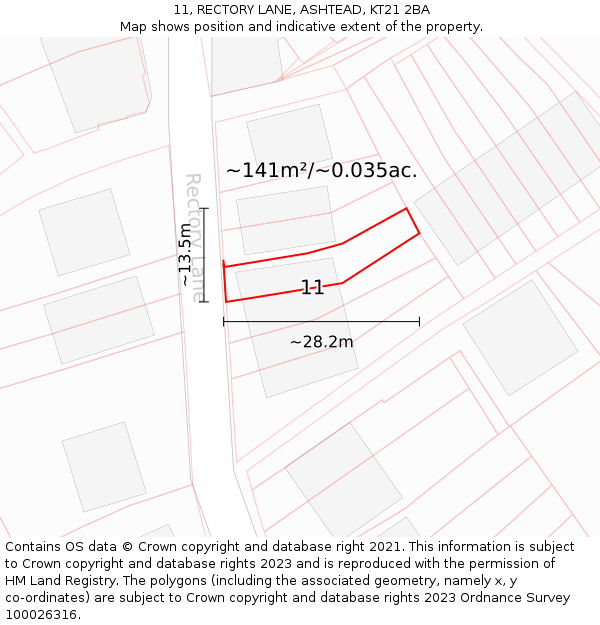 11, RECTORY LANE, ASHTEAD, KT21 2BA: Plot and title map