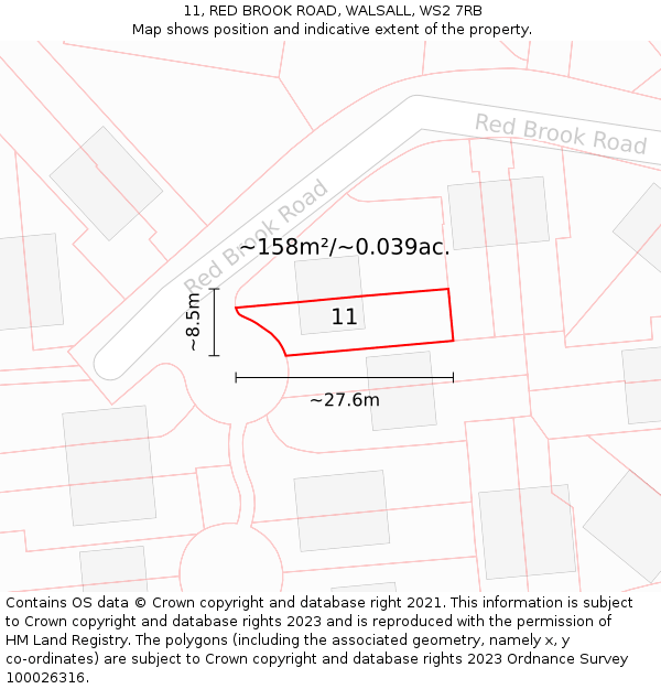 11, RED BROOK ROAD, WALSALL, WS2 7RB: Plot and title map