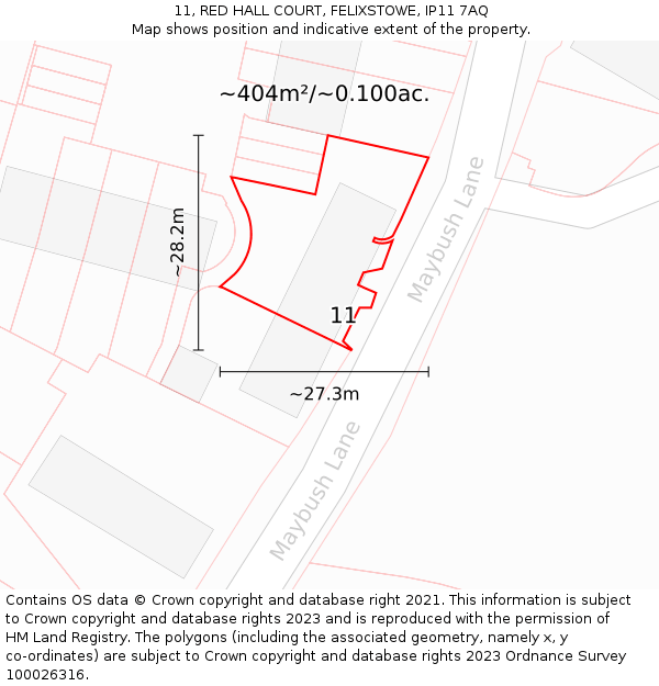 11, RED HALL COURT, FELIXSTOWE, IP11 7AQ: Plot and title map