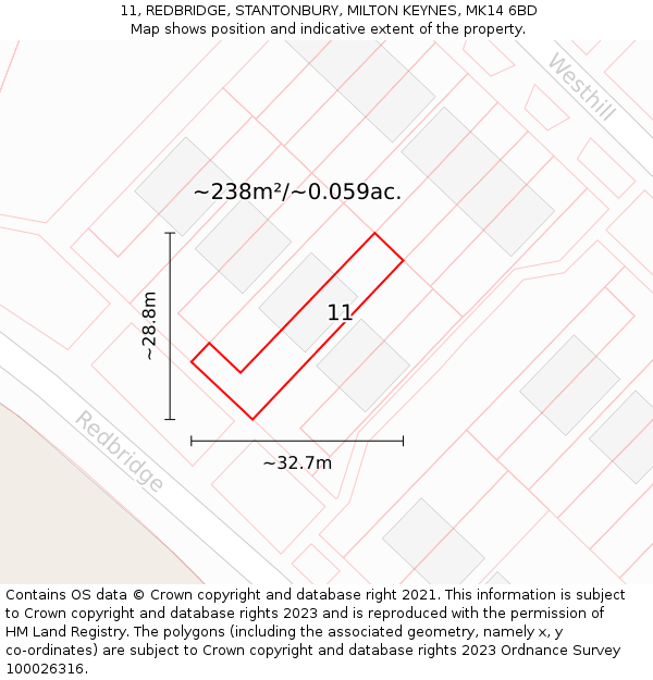 11, REDBRIDGE, STANTONBURY, MILTON KEYNES, MK14 6BD: Plot and title map