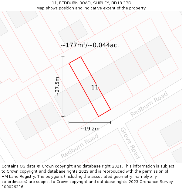 11, REDBURN ROAD, SHIPLEY, BD18 3BD: Plot and title map