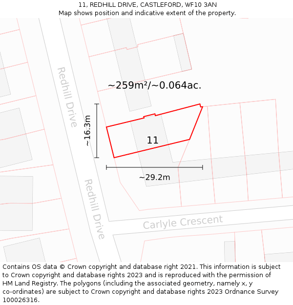 11, REDHILL DRIVE, CASTLEFORD, WF10 3AN: Plot and title map