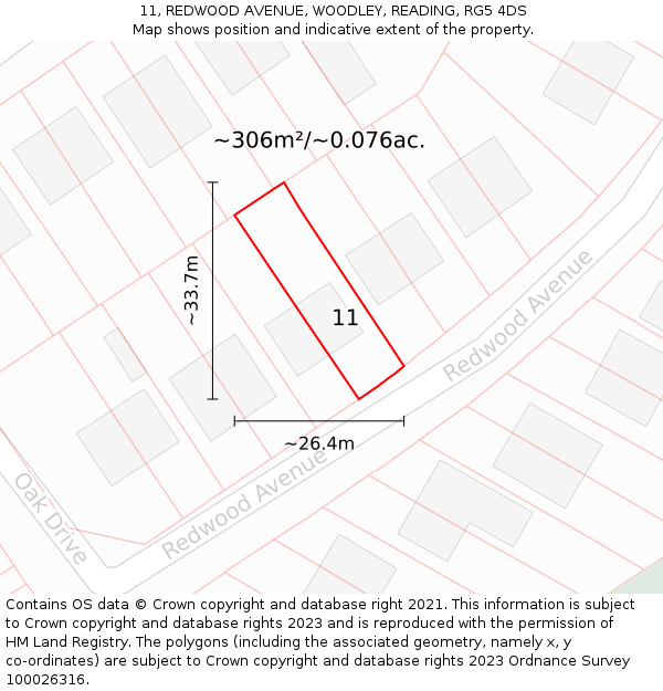 11, REDWOOD AVENUE, WOODLEY, READING, RG5 4DS: Plot and title map