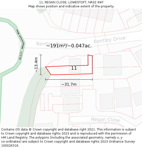 11, REGAN CLOSE, LOWESTOFT, NR32 4WY: Plot and title map