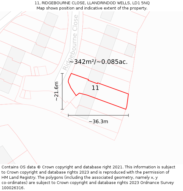 11, RIDGEBOURNE CLOSE, LLANDRINDOD WELLS, LD1 5NQ: Plot and title map