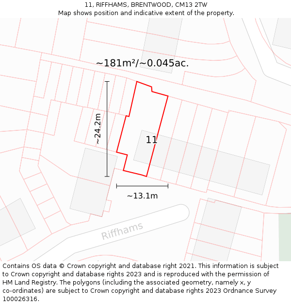 11, RIFFHAMS, BRENTWOOD, CM13 2TW: Plot and title map